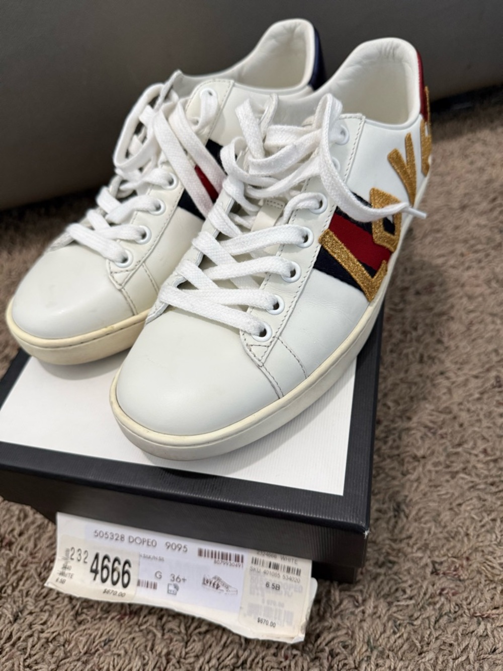 Gucci White Leather Sneakers with Red, Navy & Gold Detail